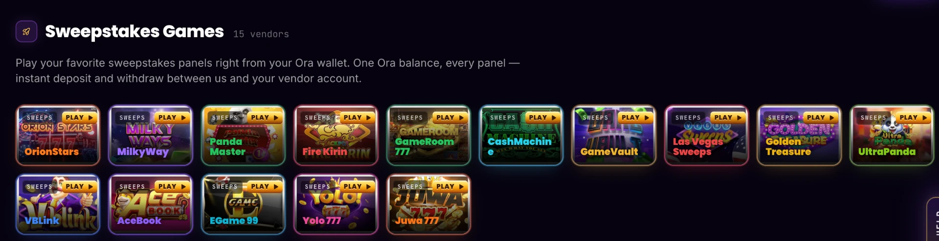 Grid of sweepstakes game vendors available on Ora Games